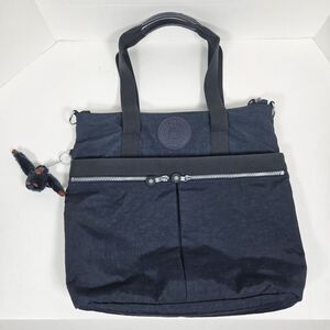 Kipling Nylon Tote Shoulder Bag Medium Blue Silver Hardware Multi Pocket 15x15
